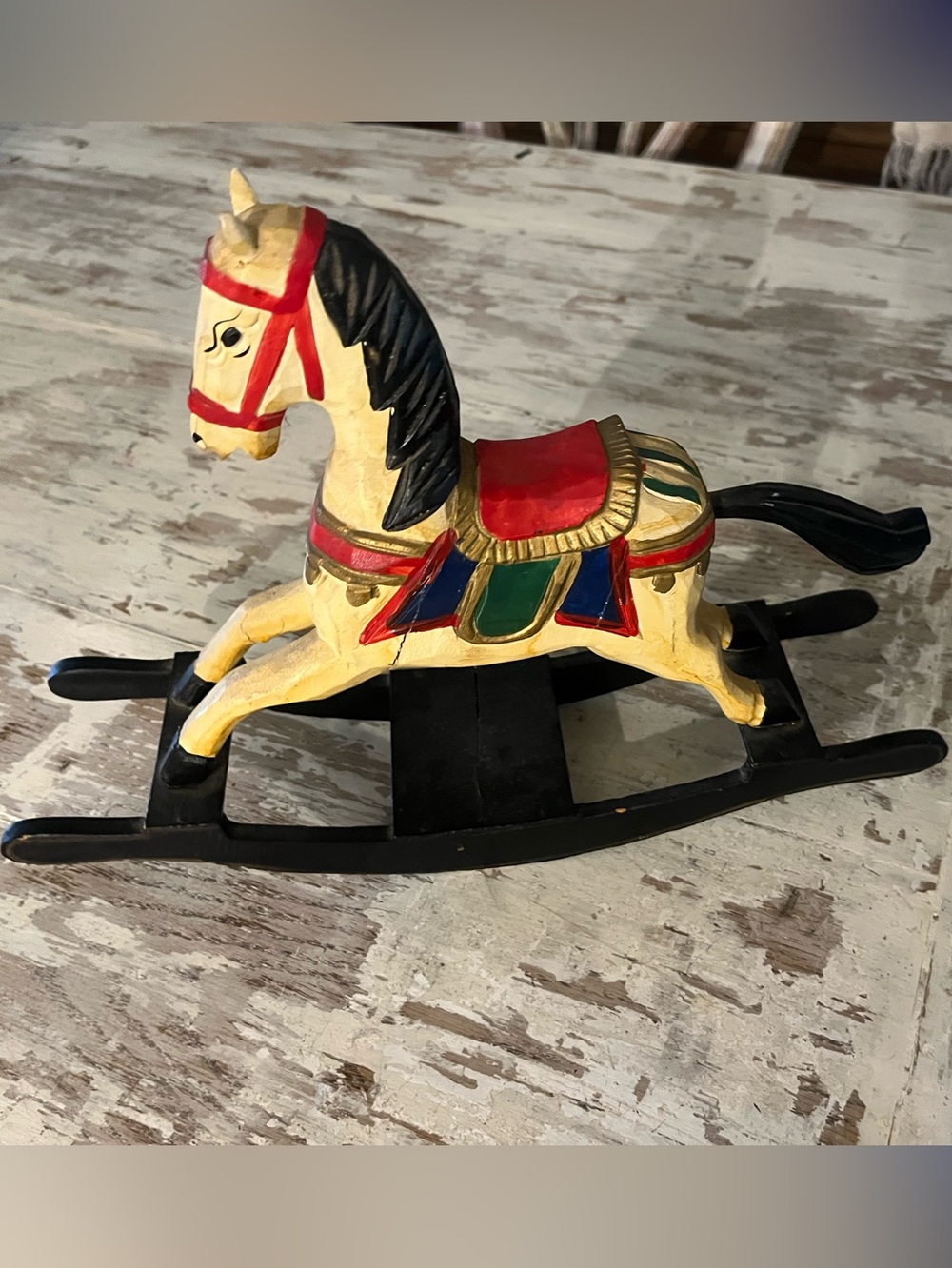 Antique Classic Yellow Wooden Rocking Horse Toy with Red Saddle